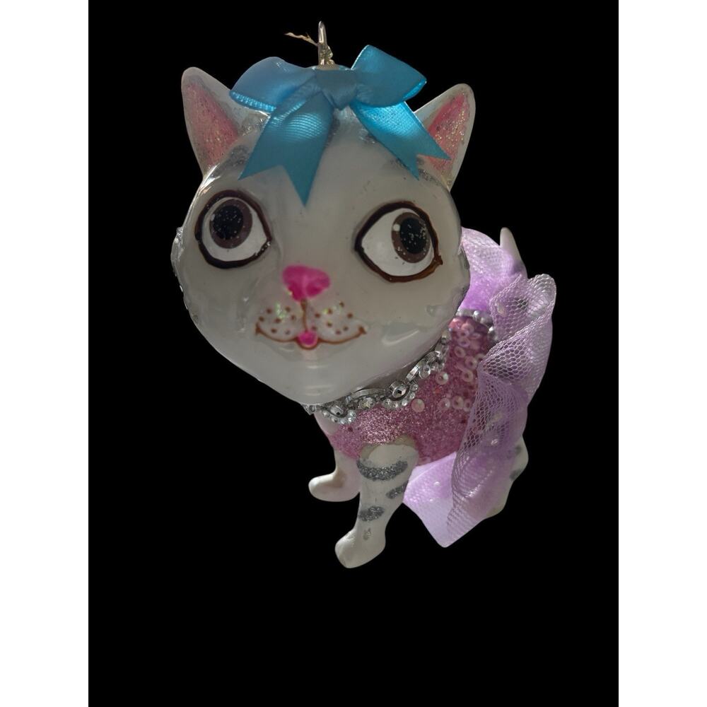 Robert Stanley Kitty Cat Glass Xmas Ornament Tutu Purple Pink Gray White Tabby